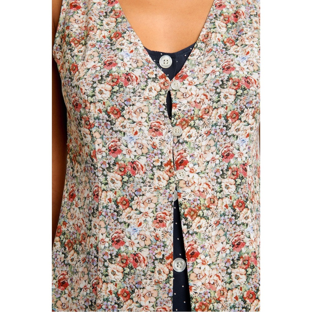ROUJE Floral Navy Polka Dot Printed Layered Sleeveless Button Down Lorine Dress - Picture 4 of 14